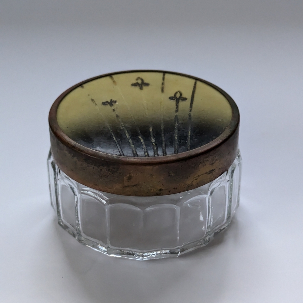 Vintage Art Deco Ribbed Glass Vanity Jar Celluloid  Fleur-de-Lis Lid Bohemian